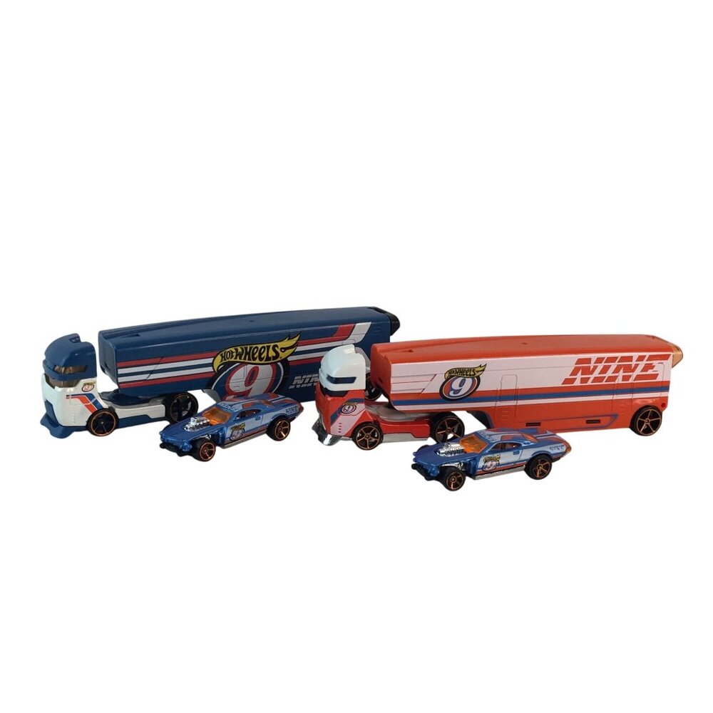 Hot Wheels Speedway Hauler 9‎ Nine Semi Trucks & Race Cars Blue Orange